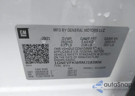 2021 Chevrolet Traverse Awd Ls z USA, uszkodzony, nr VIN 1GNEVFKW9MJ183806